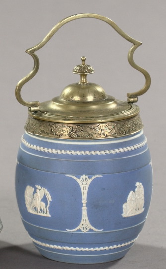 Appraisal: Attractive Staffordshire Silverplate-Mounted Pale Blue Jasperware Biscuit Barrel third quarter