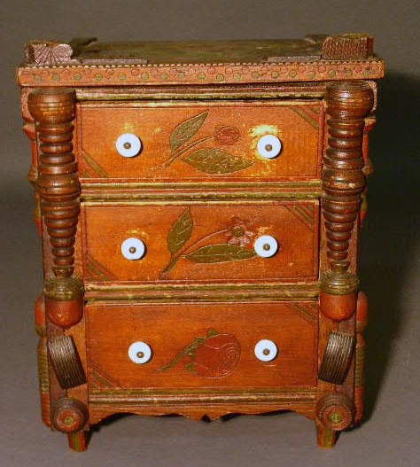 Appraisal: Tramp Art whimsical three drawer chest carved and painted x