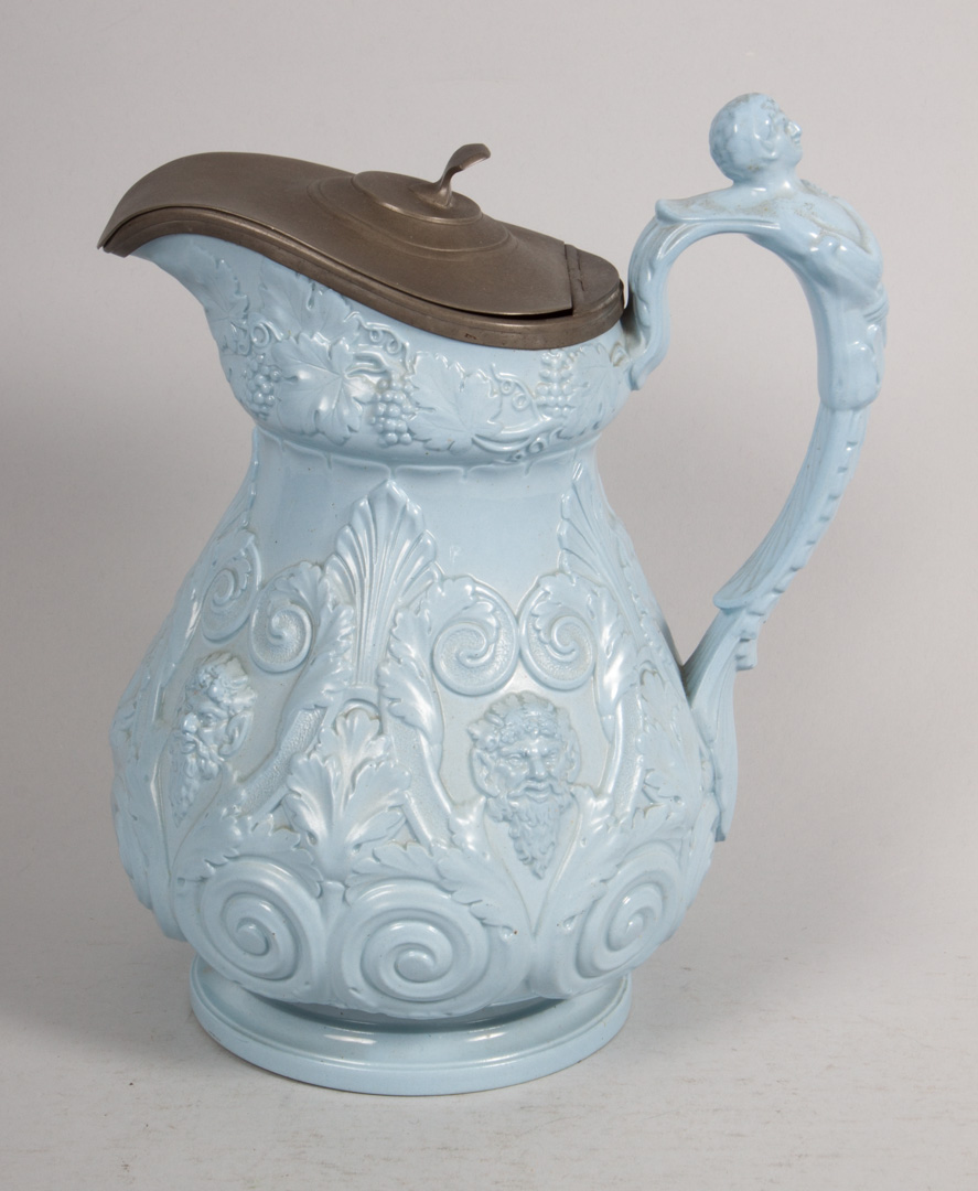 Appraisal: Victorian blue salt glazed stoneware jug mid- th century pewter-mounted