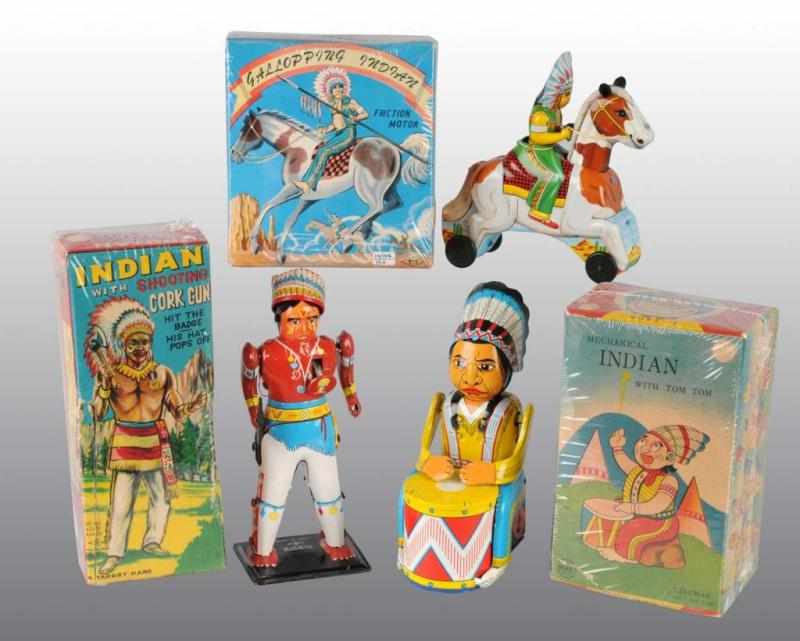 Appraisal: Lot of Tin Litho Indian Toys Description Japanese Working Includes