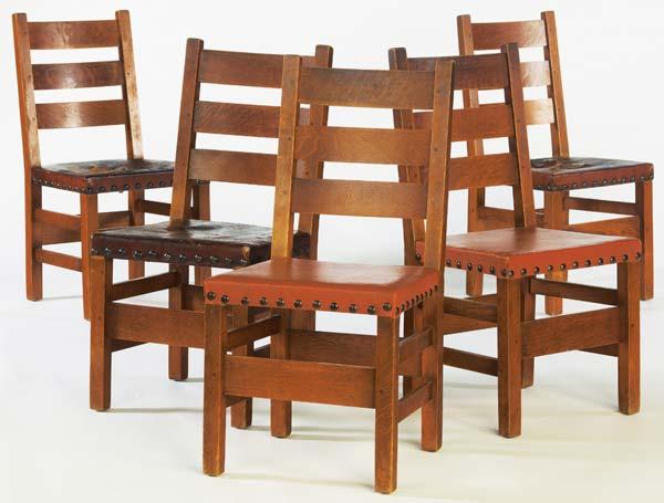 Appraisal: GUSTAV STICKLEY Five ladderback chairs no Branded signatures x x