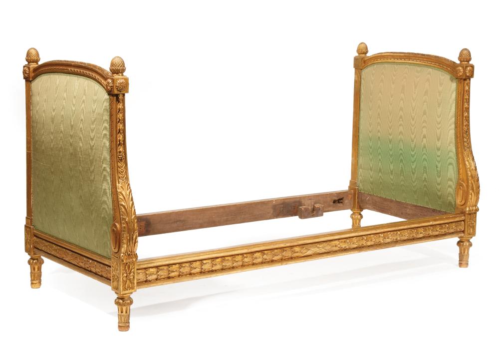 Appraisal: Louis XVI-Style Carved Giltwood Daybed relief carved finials bellflowers acanthus