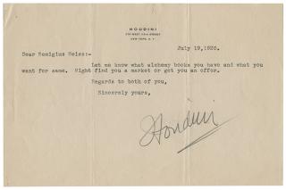 Appraisal: Magic Houdini Harry Typed Letter Signed One page On personal