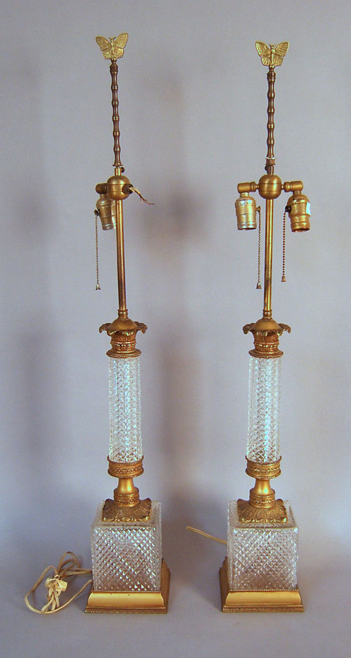 Appraisal: Pair of cut glass and gilt metal table lamps h