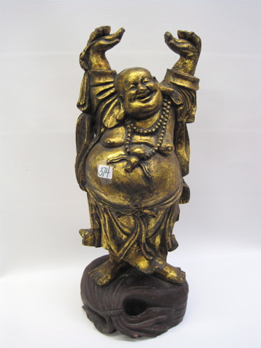 Appraisal: CHINESE GILTWOOD FIGURAL HOTEI with hands raised overhead Height Condition