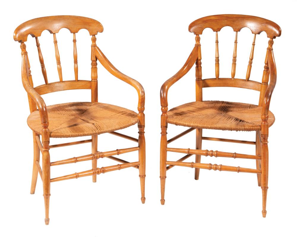 Appraisal: Pair of Antique Oak Steamboat Chairs turned spindled back rush