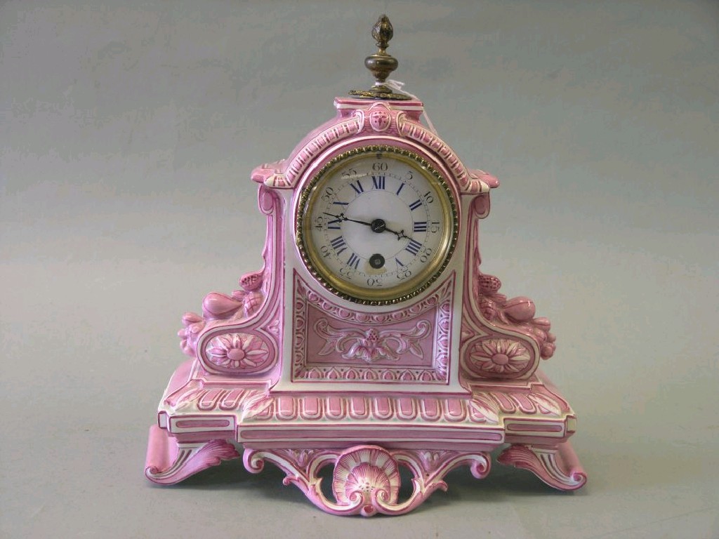 Appraisal: A Gien France earthenware mantel clock pink glazed in architectural