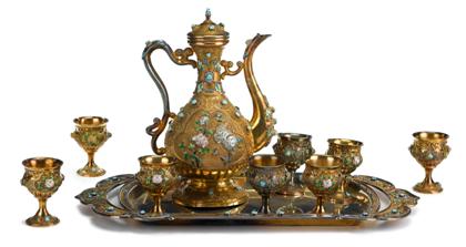 Appraisal: Chinese export gilt wash silver turquoise and enamel applied tea