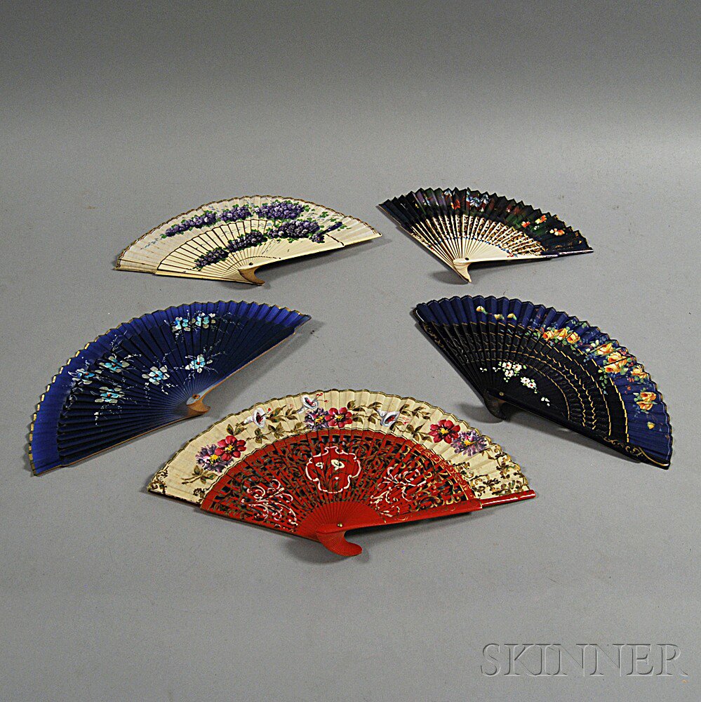 Appraisal: Five Floral-decorated Fans Spain th and th century hand-painted silk