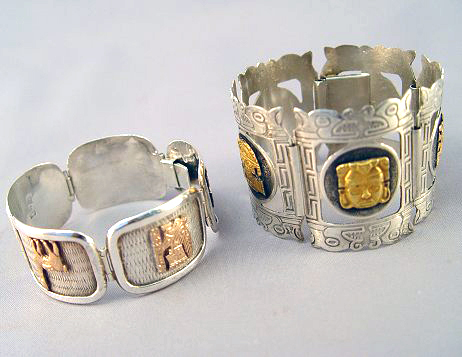 Appraisal: STERLING AND K PERUVIAN BRACELETS Sterling silver segmented link bracelets