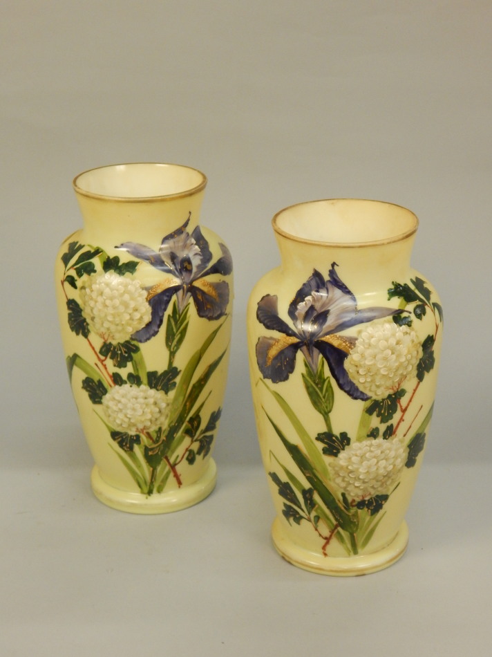 Appraisal: A pair of Victorian opaque glass vases each decorated in