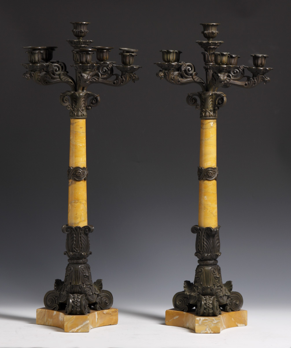 Appraisal: Gilt Bronze Marble Candelabras Minor chips Ht Provenance Colella Estate