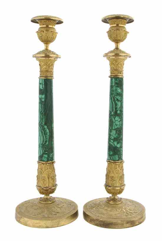 Appraisal: A Pair of Continental Malachite and Gilt Bronze Candlesticks of