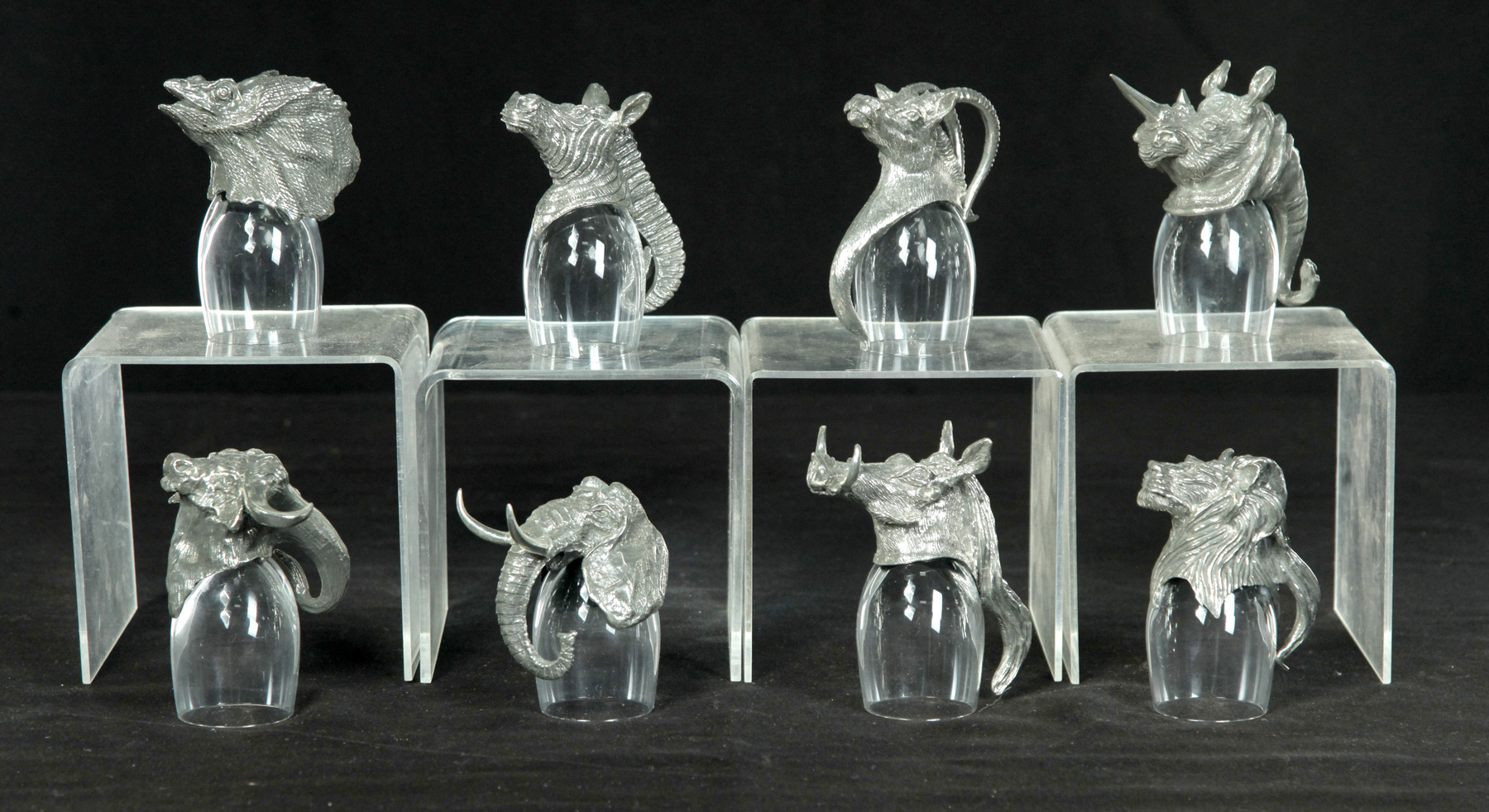 Appraisal: EIGHT FRANKLI WILD HUNT GLASSES WITH PEWTER ANIMALS American nd