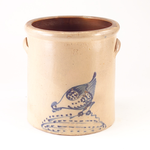 Appraisal: Five gallon stoneware crock with blue hen decoration and Brady