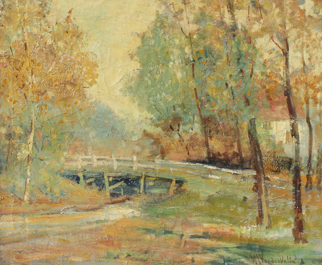 Appraisal: AUTUMNAL LANDSCAPE PAINTING WITH BRIDGE SIGNED VANDERVELDE Oil Canvas ''