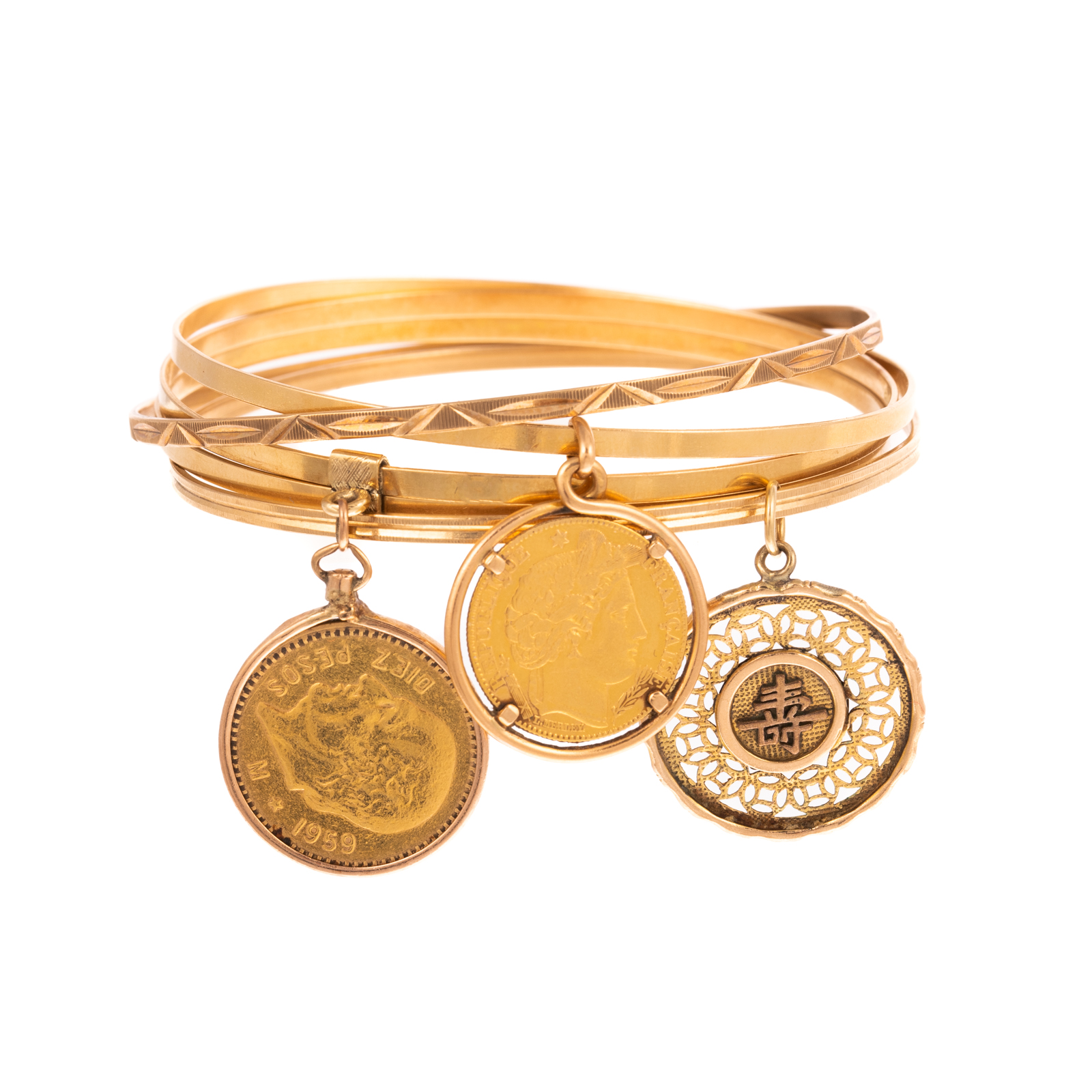 Appraisal: A COLLECTION OF FOUR BANGLES WITH COIN CHARMS K yellow