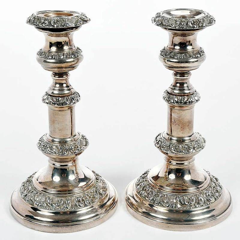 Appraisal: Pair of Telescoping Silver-Plate Candlesticks probably English th century telescoping