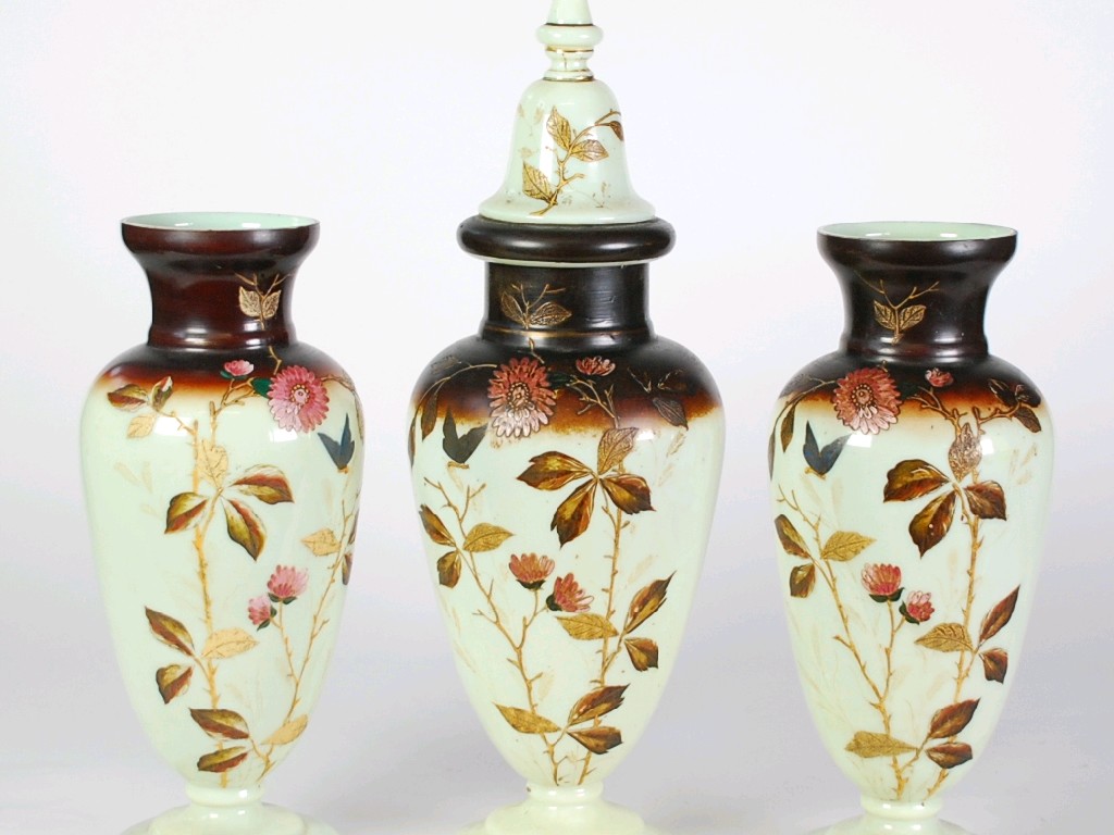 Appraisal: GARNITURE OF THREE LATE NINETEENTH CENTURY ENAMELLED AND GILT DECORATED