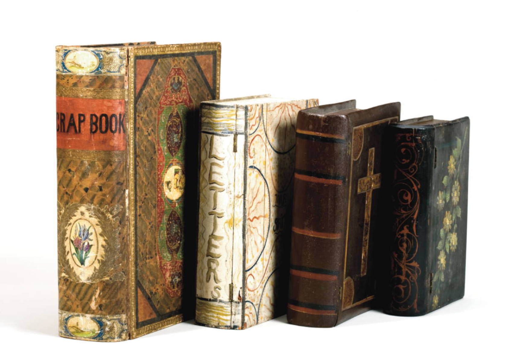 Appraisal: FOUR PAINT DECORATED BOOK-FORM BOXES Height of tallest inches