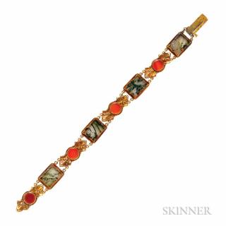 Appraisal: Arts and Crafts kt Gold Moss Agate and Carnelian Bracelet