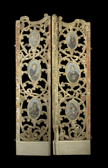 Appraisal: Pair of Sicilian Polychromed and Reticulate-Carved Wooden Tabernacle Doors late