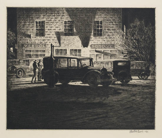 Appraisal: MARTIN LEWIS Shadows Garage at Night Drypoint x mm x