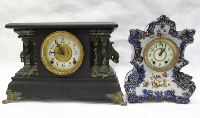 Appraisal: TWO AMERICAN ANTIQUE MANTEL CLOCKS Waterbury china case mantel clock