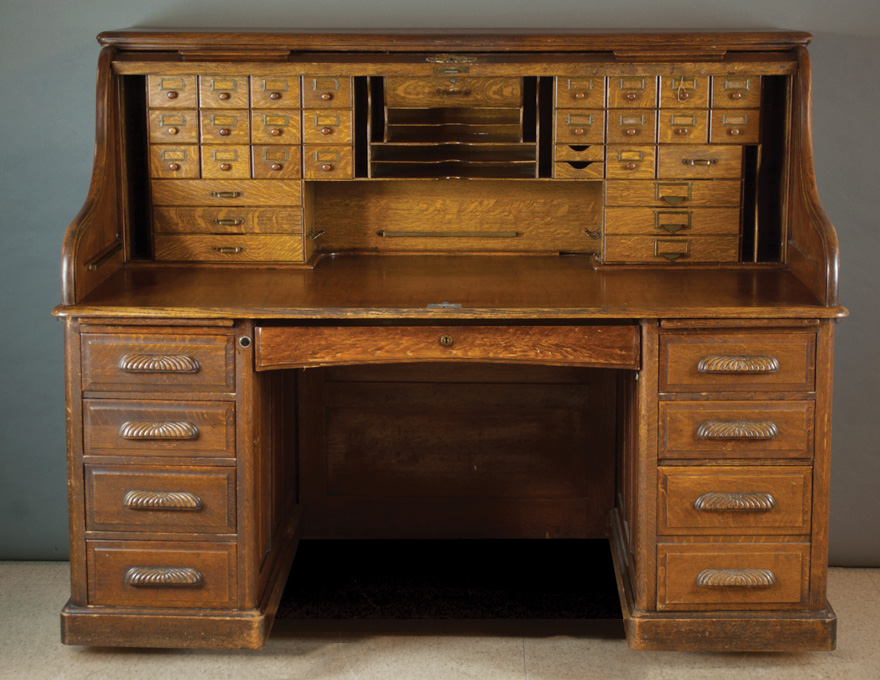 Appraisal: LARGE OAK ROLL-TOP DESK The Rand Leopold Desk Co Burlington