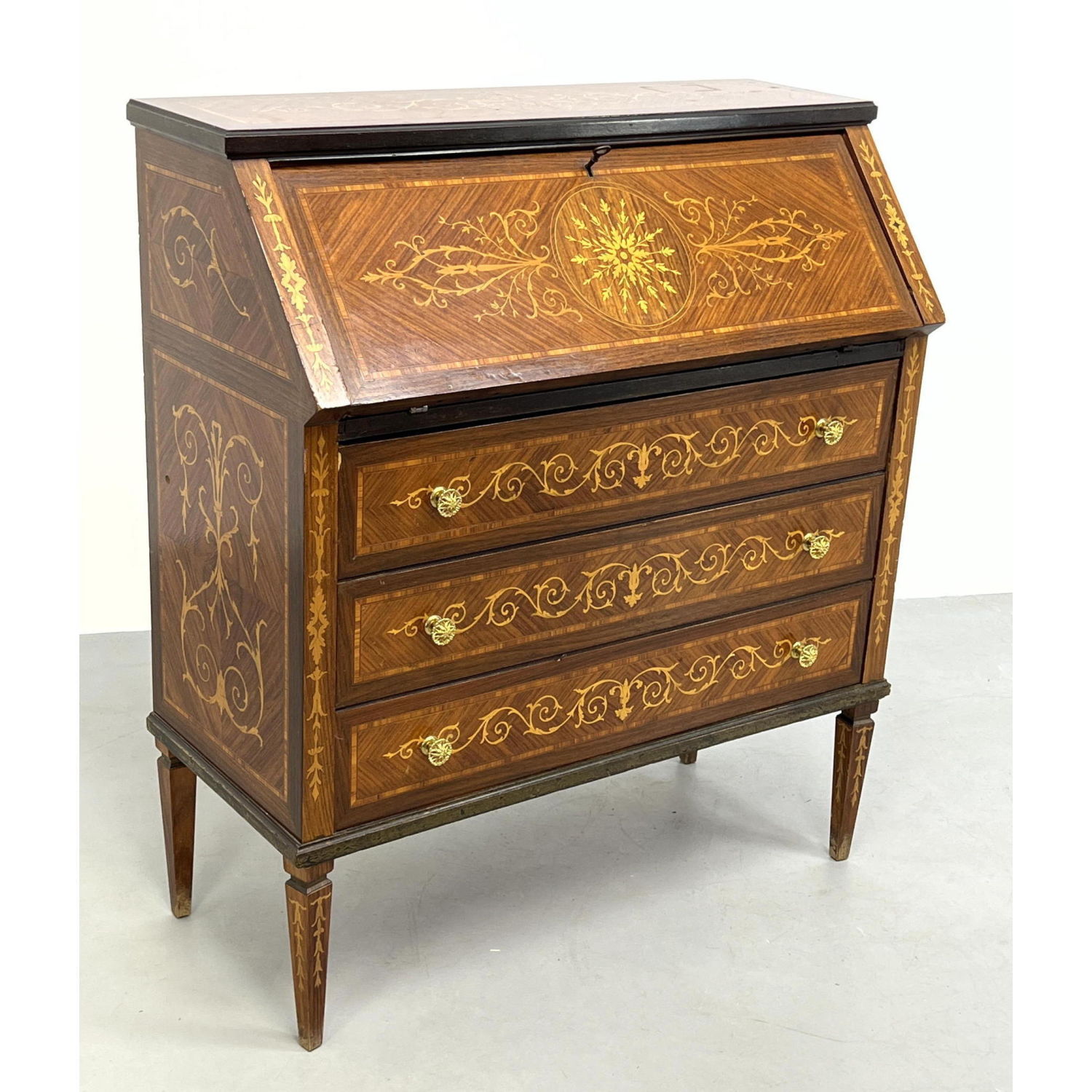 Appraisal: Vintage Inlaid Slant Front Desk Detailed marquetry wood inlays Dimensions