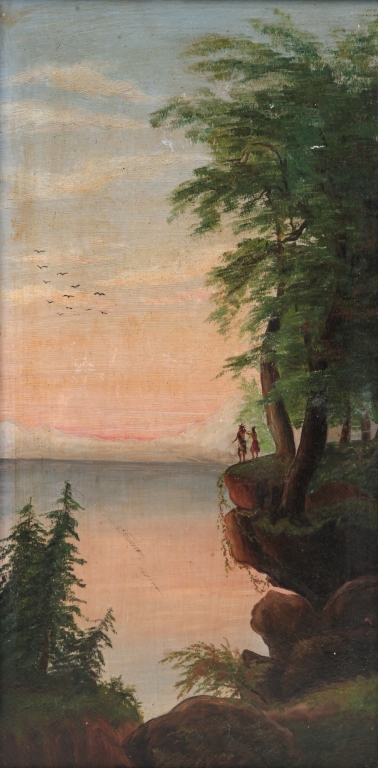 Appraisal: Circa Landscape painting on board with two Native Americans looking