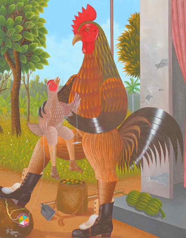 Appraisal: LAMOUR Fritzner Haitian th C Father and Son Rooster OIL