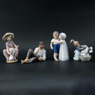 Appraisal: Grouping of Four Porcelain Figurines Includes Lladro Bashful Bather figurine