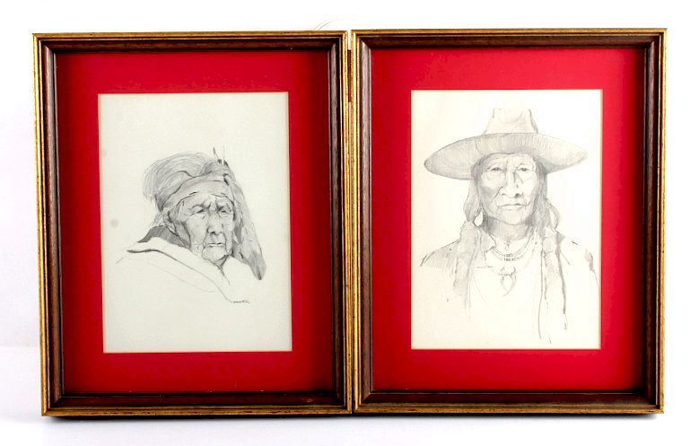 Appraisal: Original Tom Sander Indian Pencil Sketches This is a pair