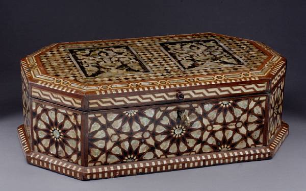 Appraisal: A Moorish style shell and tortoiseshell inlaid table box Of