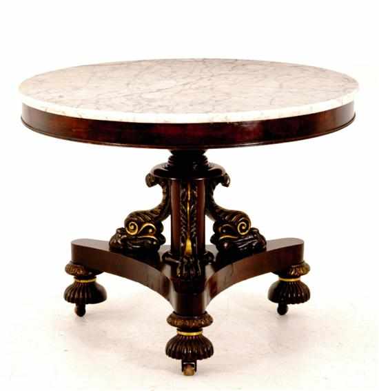 Appraisal: Classical paint and parcel-gilt mahogany and marbletop center table attributed