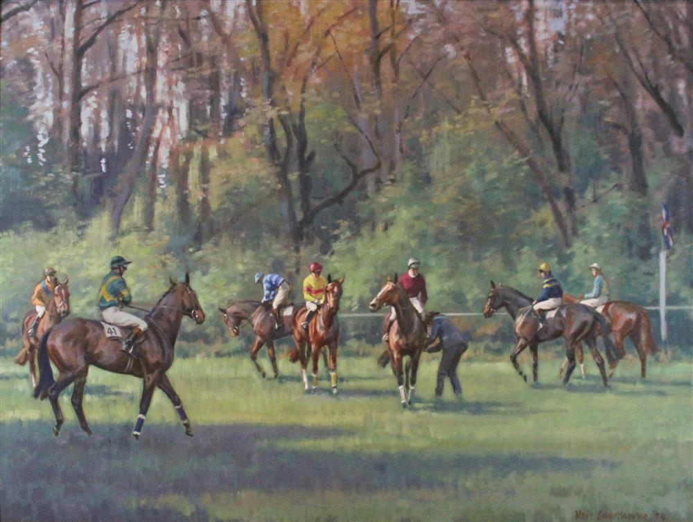 Appraisal: NEIL CAWTHORNE BRITISH - JOCKEY AT EDGE OF WOOD Oil