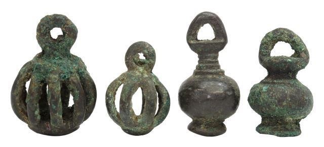 Appraisal: lot of Patinated bronze pendant vases and cages thought to