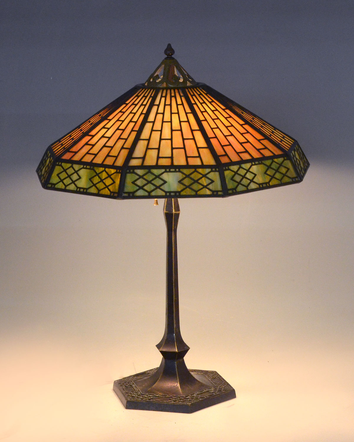 Appraisal: HANDEL SIGNED SLAG GLASS FILIGREE LAMP - light base having