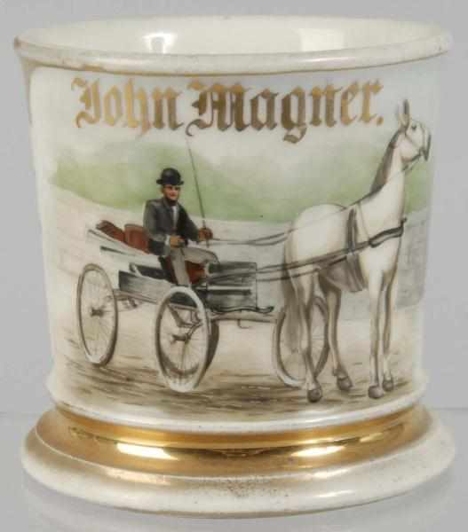 Appraisal: Horse-Drawn Carriage Shaving Mug Description Marked John Magner across top