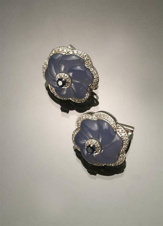 Appraisal: Pair of -Karat White-Gold Diamond Blue Sapphire and Blue Chalcedony