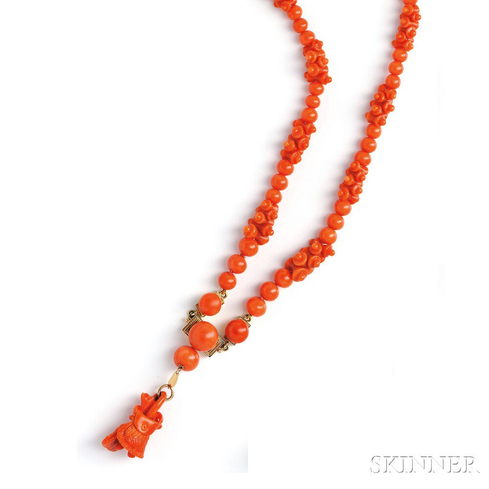 Appraisal: Antique Gold Coral and Carved Coral Pendant Necklace the pendant