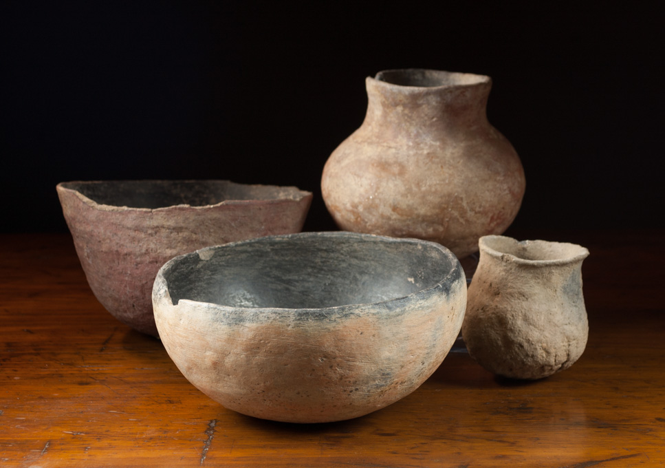 Appraisal: FOUR NATIVE AMERICAN PREHISTORIC POTTERY ITEMS two are open bowls