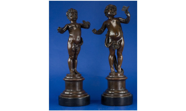 Appraisal: Bronze Putti Figures Pair of on Plinths Both signed inches