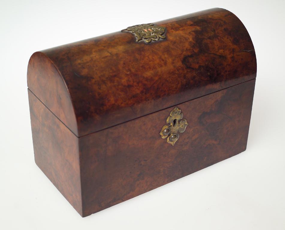 Appraisal: VICTORIAN BURR YEW DOME-TOPPED CORRESPONDENCE CASKET of rectangular form the