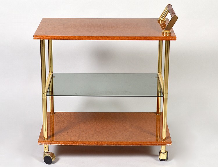 Appraisal: CONTEMPORARY BURL WOOD AND BRASS TROLLEYIn a mid-century style Height