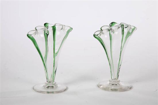 Appraisal: PAIR OF ART GLASS BUD VASES Both with crimped rims