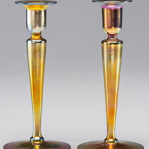 Appraisal: Steuben American Early th Century Pair of Candlesticks Aurene glass