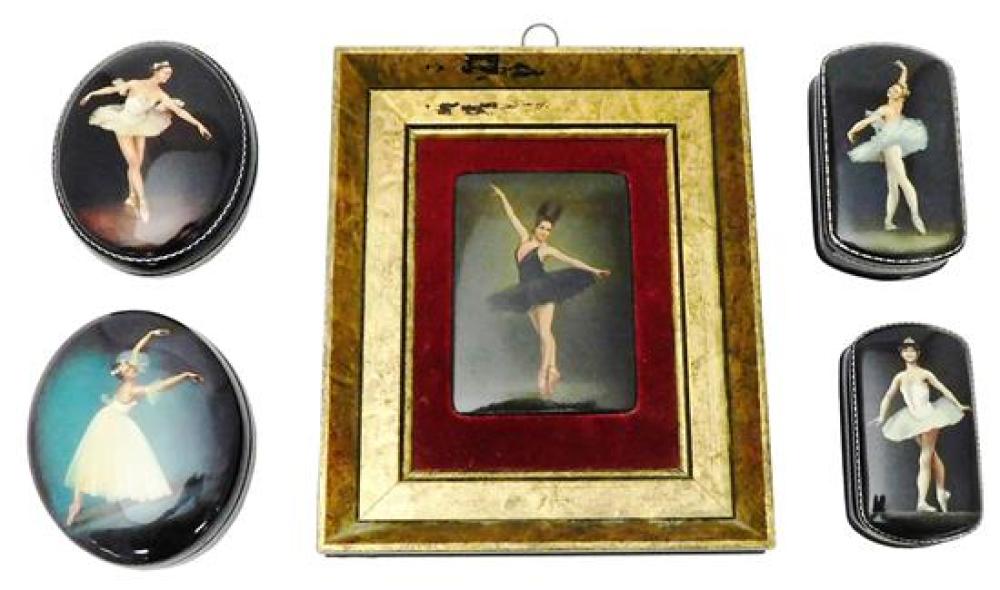 Appraisal: Russian hand-painted lacquer boxes and framed plaque group of five