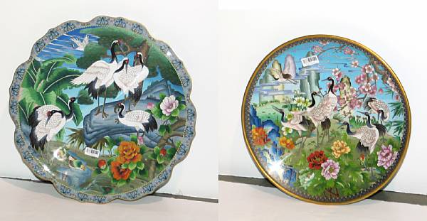 Appraisal: Two cloisonn enameled metal chargers Each decorated with seven cranes